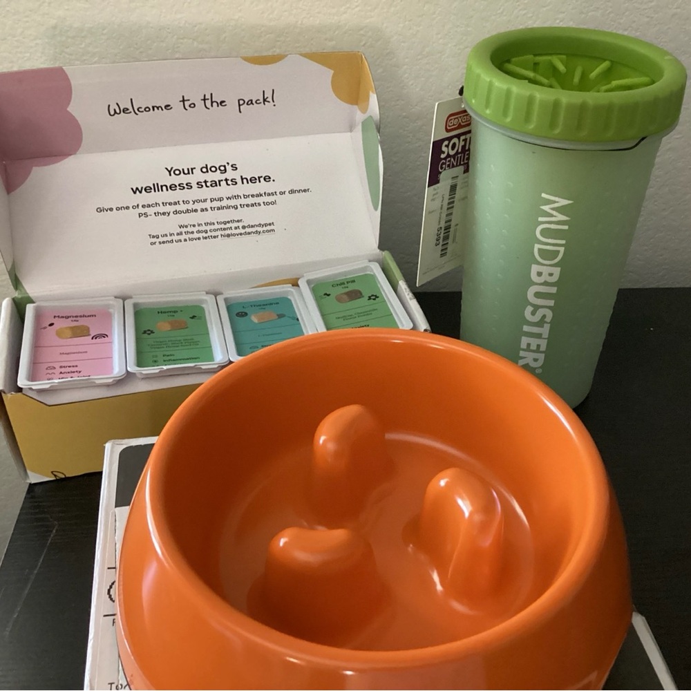 Orange Slow Feeder Dog Bowl and Green MudBuster